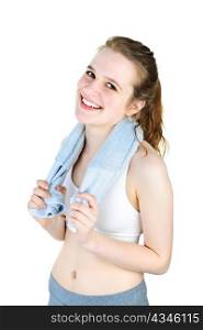 Happy fit young woman after workout holding towel