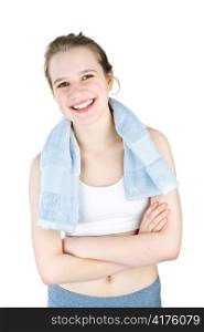 Happy fit young woman after workout on white background