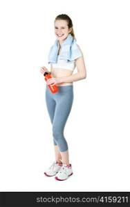 Happy fit young woman after workout with towel and water bottle