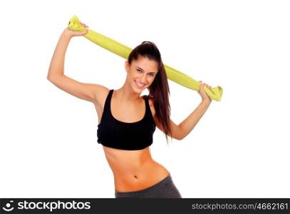 Happy fitness girl with green towel isolated on a white background