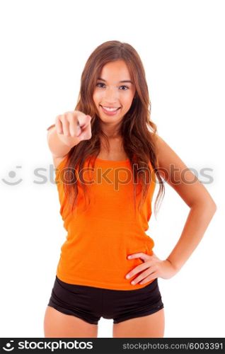 Happy fitness instructor posing isolated over white background