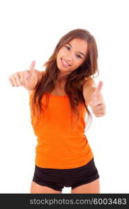 Happy fitness instructor posing isolated over white background