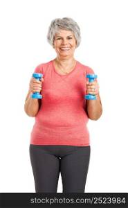 Happy fitness old woman lifting dumbbells and smiling