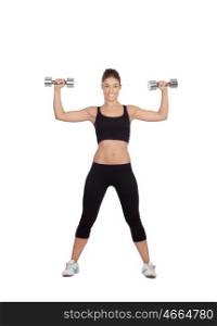 Happy fitness woman lifting dumbbells isolated on white background