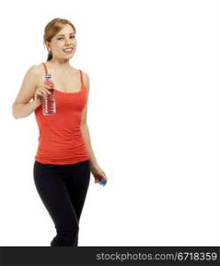 happy fitness woman with a bottle of water. young happy fitness woman with a bottle of water on white background