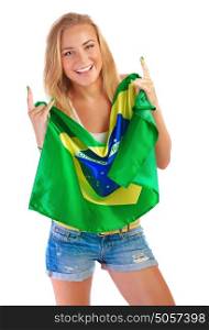 Happy football fan, beautiful blond girl holding in hands Brazilian national flag isolated on white background, world cup concept