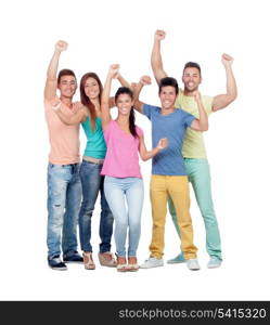 Happy friends celebrating the victory isolated on white background