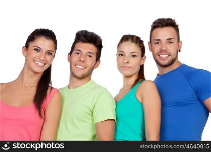 Happy friends with colored sportswear isolated on white background
