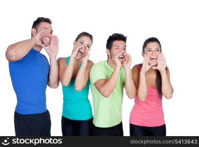 Happy friends with colored sportswear shouting isolated on white background