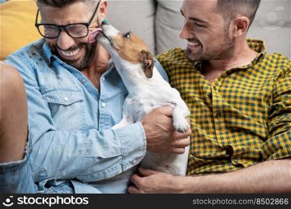 Happy gay couple sitting on floor and playing with dog at home. High quality photography. Happy gay couple sitting on floor and playing with dog at home