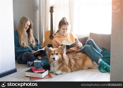 happy girl and corgi. a girl sits on the floor and reads a book next to a corgi dog 