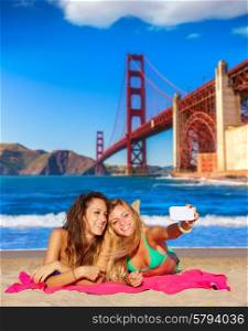 happy girl friends selfie portrait beach sand in San Francisco photo mount