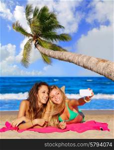 happy girl friends selfie portrait beach sand with palm tree photo mount