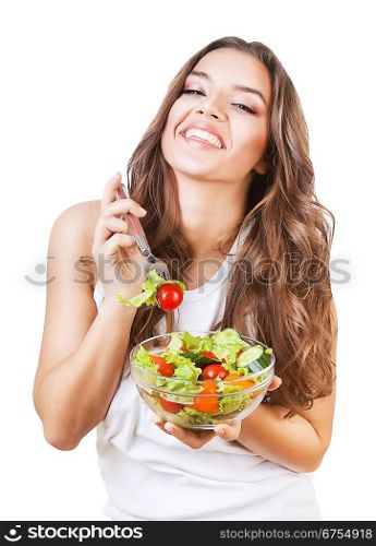 happy girl holding fork with salad on white background