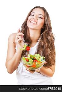 happy girl holding fork with salad on white background