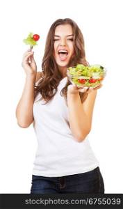 happy girl holding fork with tomato and salad on white background
