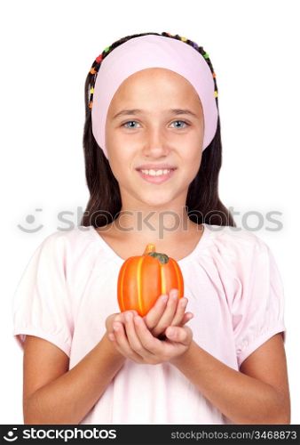 Happy girl in Halloween with a small pumpkin isolated on white background