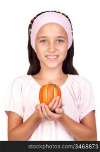 Happy girl in Halloween with a small pumpkin isolated on white background