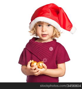 Happy girl in Santa hat holding Christmas decorations in hand isolated on white background