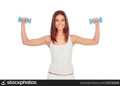 Happy girl in white toning her muscles isolated