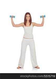 Happy girl in white toning her muscles isolated