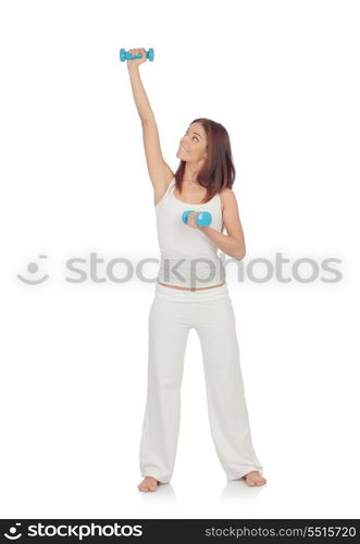 Happy girl in white toning her muscles isolated