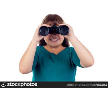 Happy girl looking through a binoculars isolated on a white background