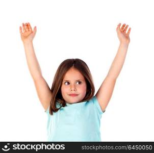 Happy girl raising her arms isolated on a white background