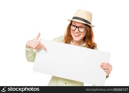 happy girl showing on a blank poster isolated
