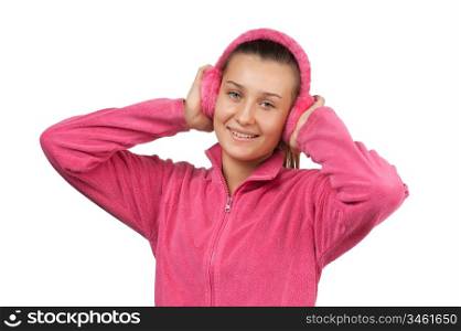 happy girl teen in pink headphones isolated on white