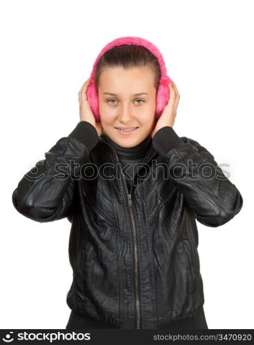 happy girl teen in pink headphones isolated on white