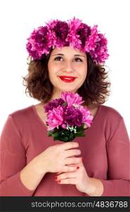 Happy girl with a branch and crown with pink and purple flowers isolated on a white background