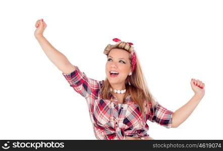 Happy girl with arms up in pinup style isolated on a white background