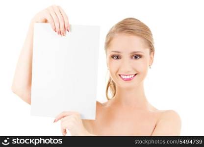 happy girl with blank board over white