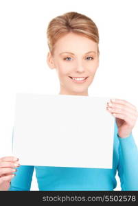 happy girl with blank board over white