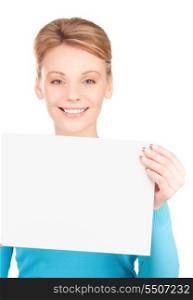 happy girl with blank board over white