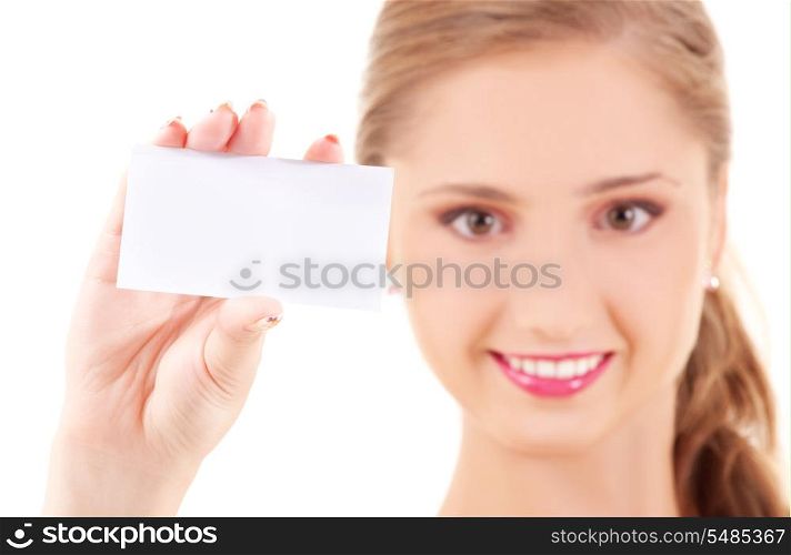 happy girl with business card (focus on hand)