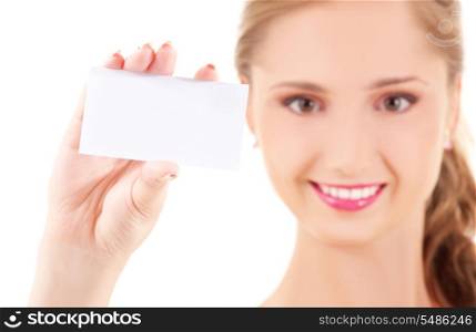 happy girl with business card (focus on hand)