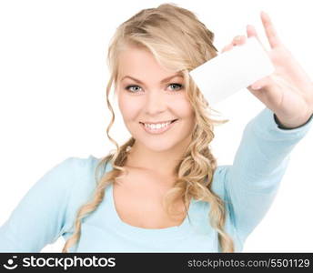 happy girl with business card over white