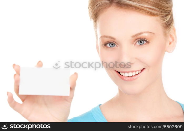 happy girl with business card over white