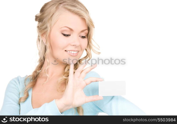 happy girl with business card over white