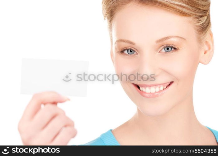 happy girl with business card over white