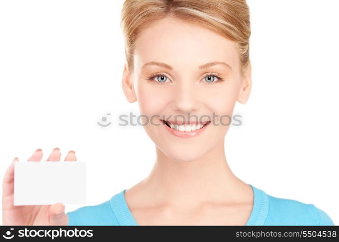 happy girl with business card over white