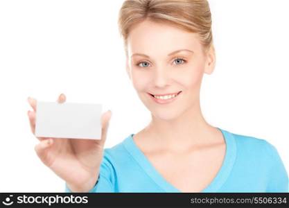 happy girl with business card over white