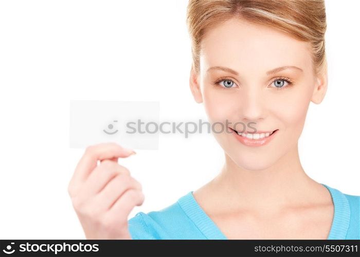 happy girl with business card over white