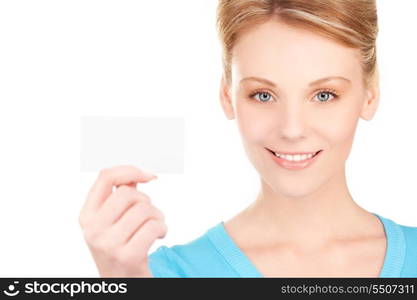 happy girl with business card over white