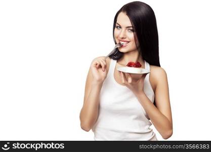 happy girl with cake and spoon on white background