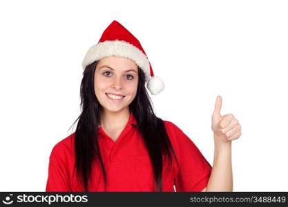 Happy girl with Christmas hat saying Ok isolated on a over white background