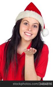 Happy girl with Christmas hat throw a kiss isolated on a over white background