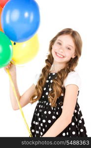 happy girl with colorful balloons over white